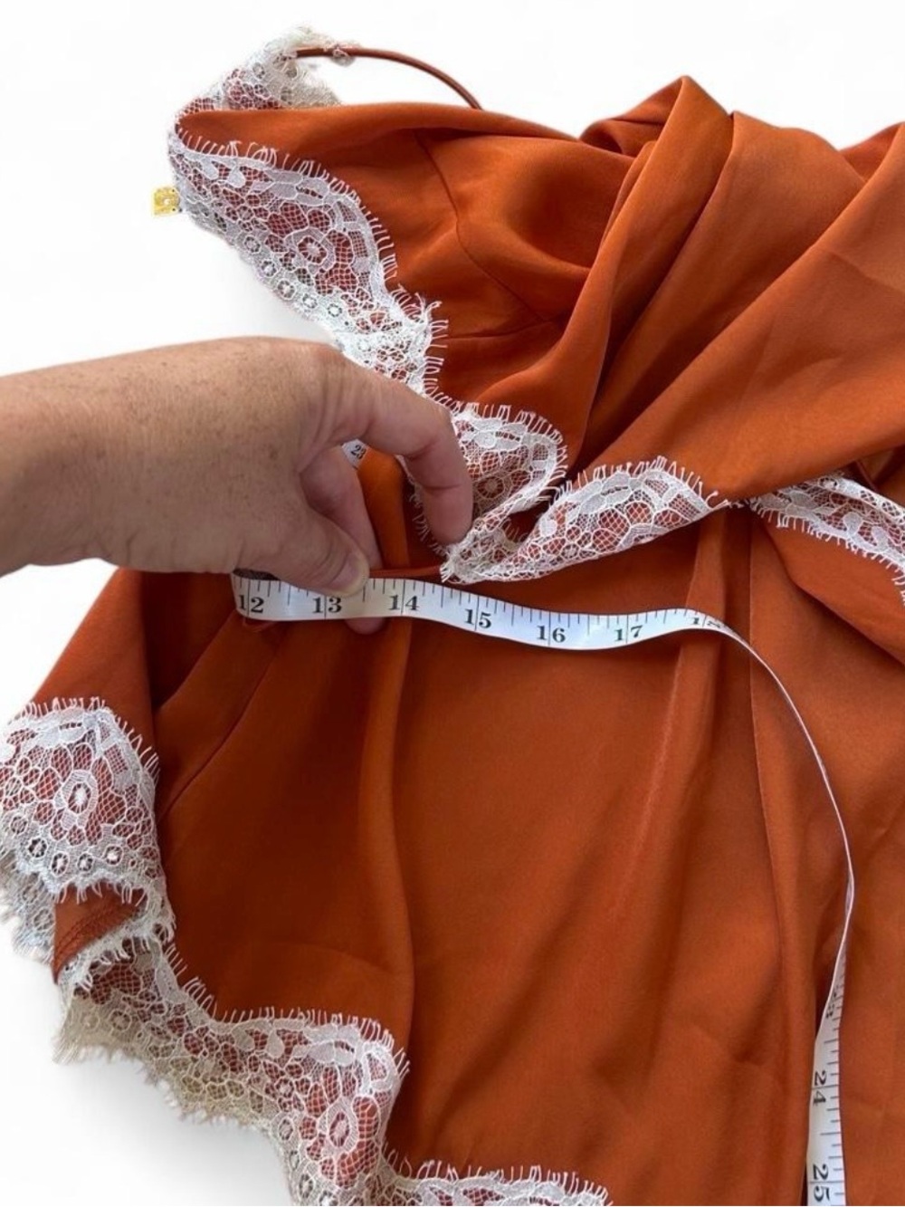 Burnt Orange Lace Shirt Slip Dress Cami White Eyelash Lace Trim Size Small - Picture 8 of 8